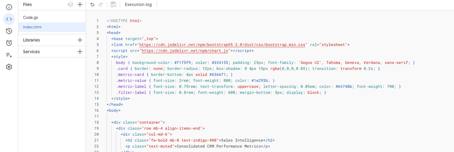 Google Apps Script editor showing dashboard HTML and JavaScript code